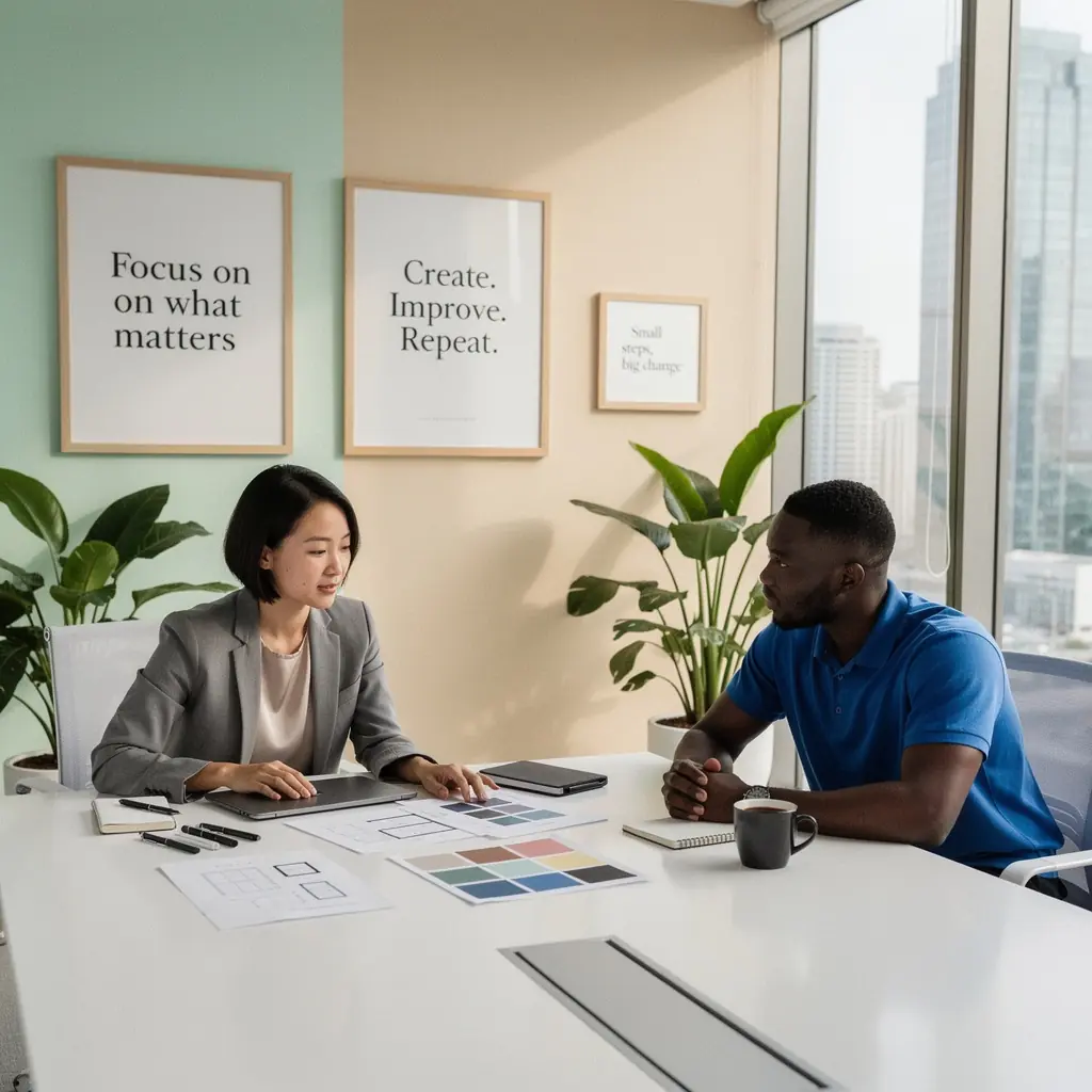 Przykład efektywnego rozmieszczenia znaków informacyjnych w biurze, poprawiający orientację pracowników.